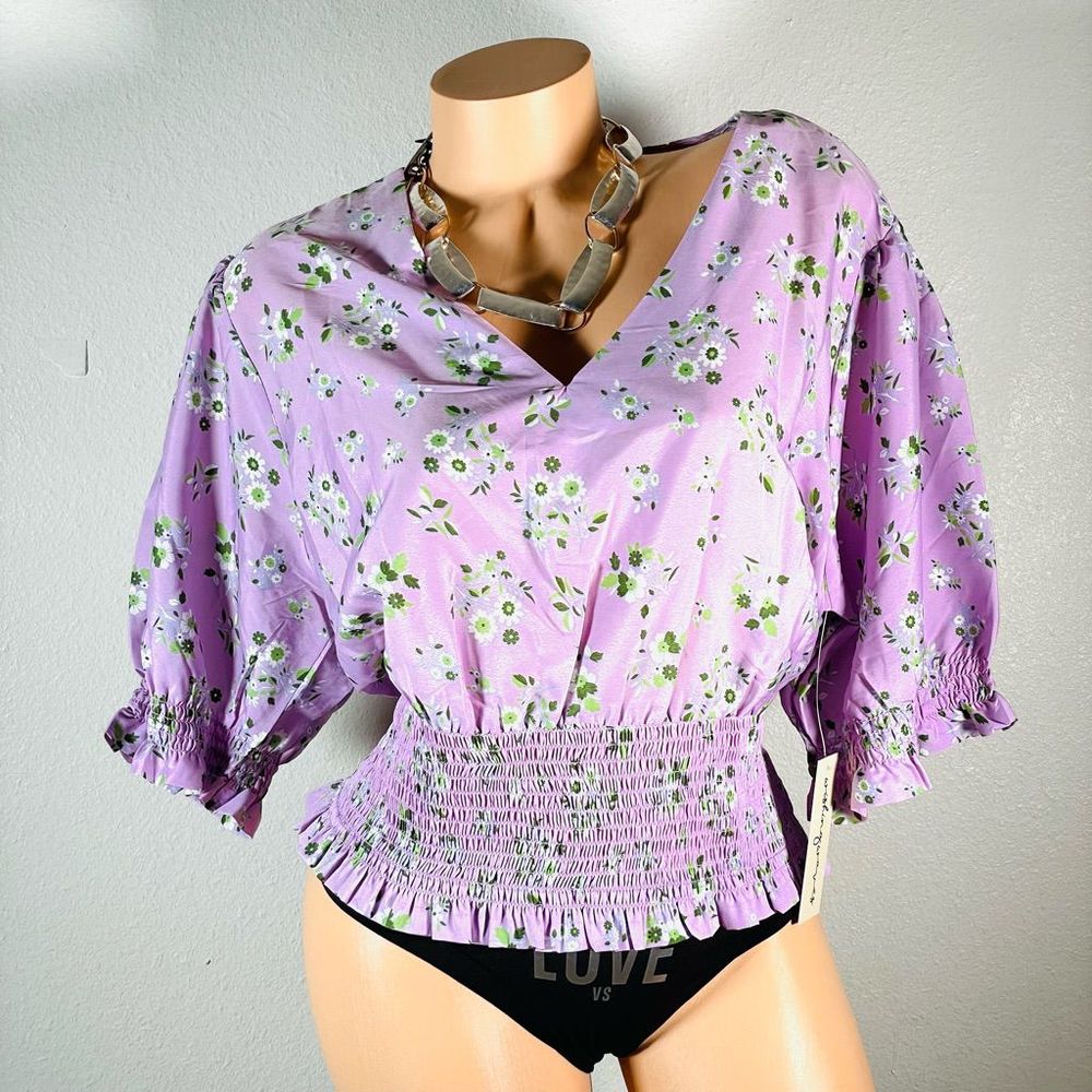NWT Wishing Waves Sz 2XL Lilac Purple floral print Elastic waist beautiful top - Picture 1 of 12
